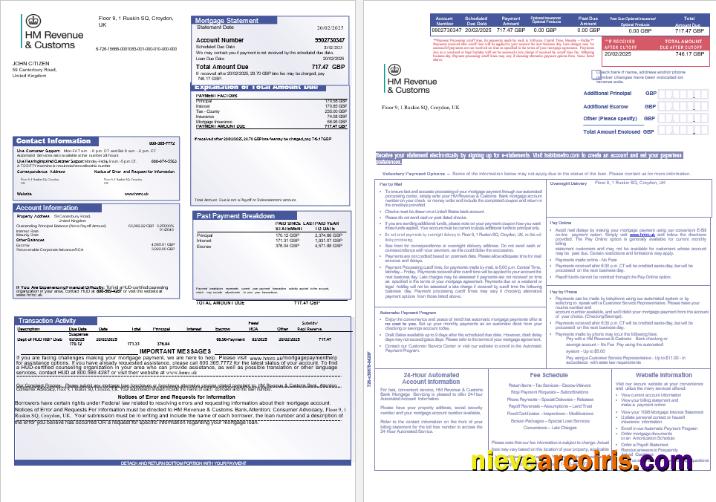 United Kingdom HM Revenue & Customs bank mortgage statement, 3 pages 1-2